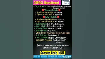 CSPGCL Apprentice Recruitment 2022 #shorts #youtubeshorts #trending #ytshorts #youtube