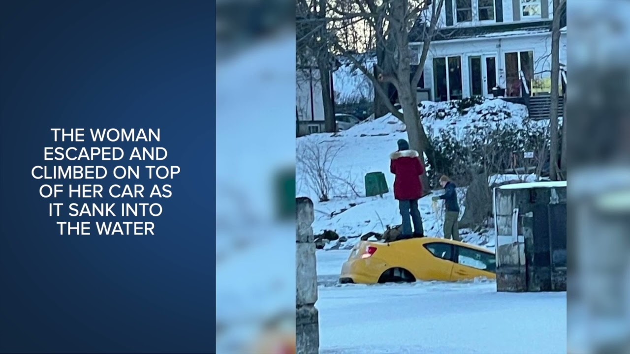 Woman poses for selfie atop sinking car after trying to drive on frozen river in Canada