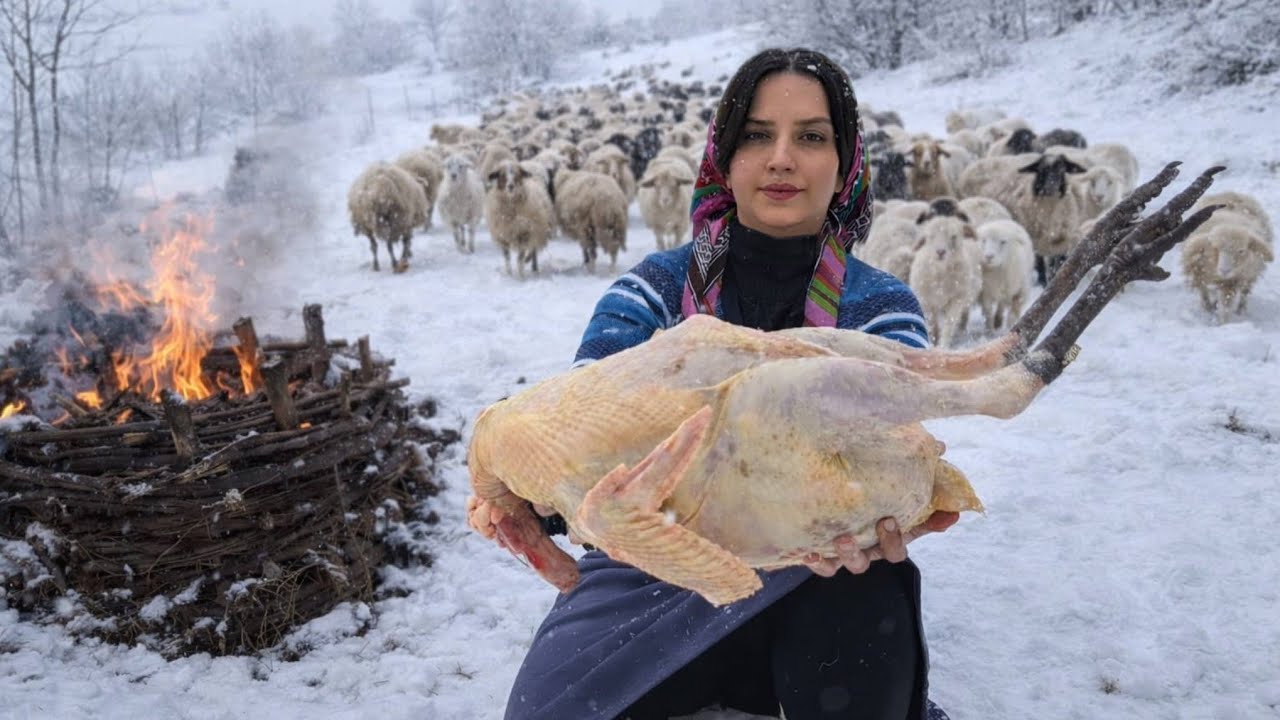 A snowy day in the mountains; Cooking a turkey in snowy weather