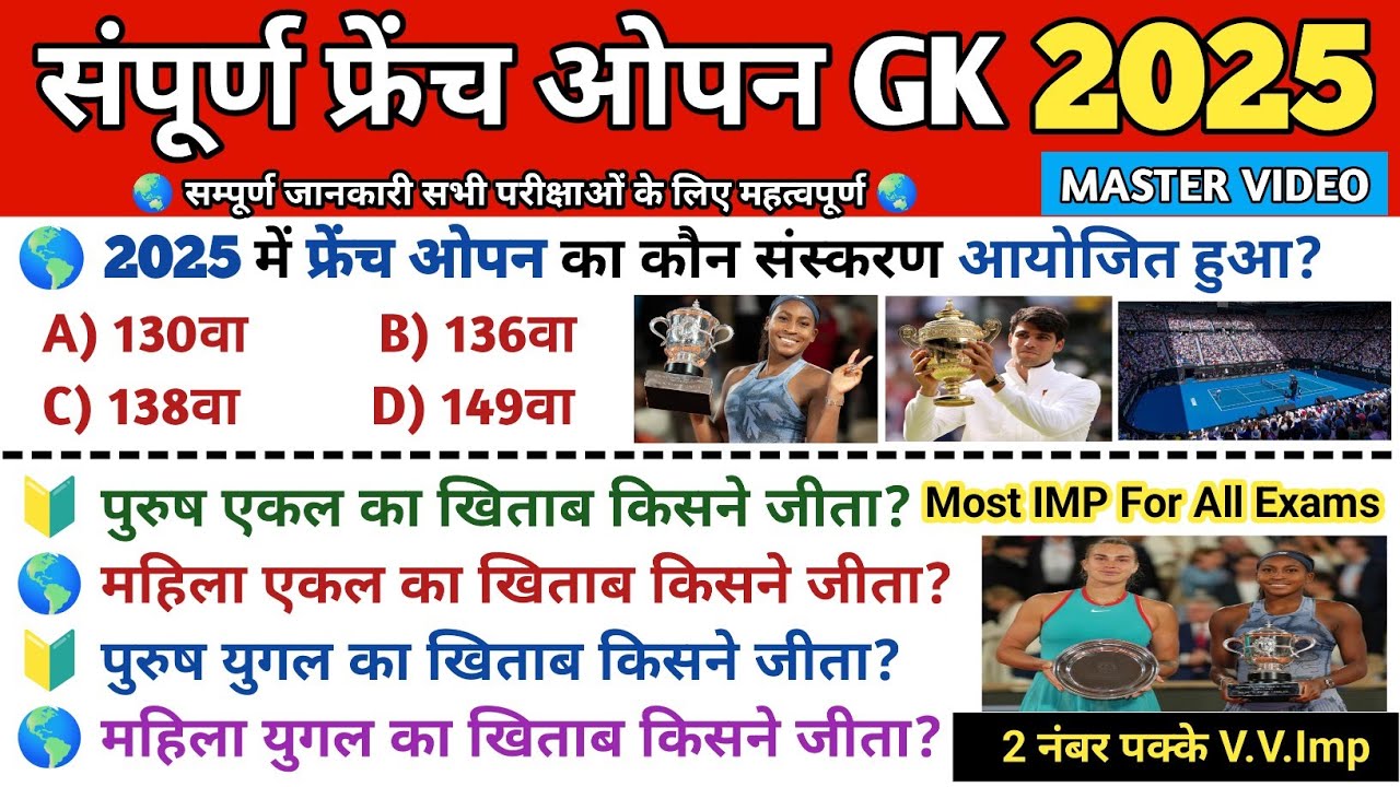 फ्रेंच ओपन 2025 GK | french open 2025 tennis grand slam | sports current affairs 2025 | gk quiz 