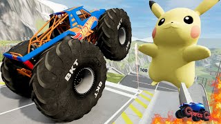 INSANE Monster Jam Crashes Into GIANT Pikachu | BeamNG Drive - Grave Digger