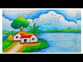 Easy scenery drawing simple landscape drawing river side scenery drawing village scenery drawing