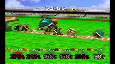 Super Smash Bros Melee Debug Menu Fun - 4 Bowser and 2 Giga Bowser - Coins - Home Run Contest