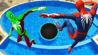 GTA 5 Rainbow Spiderman Team Trampoline Jumps Off Highest Buildings (Euphoria physics & Ragdolls)