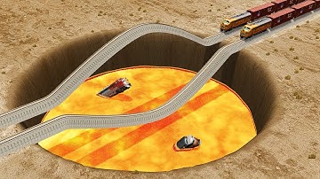 Impossible Weird Double U Shape Rail Wave Tracks VS Trains Crossing Giant Lava Crater - BeamNG.Drive