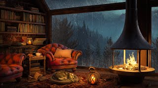 Cozy Hut Ambience in Deserted Forest 🌧️ Soft Jazz Music 🌧️ Rain Sounds & Crackling Fire for Sleeping screenshot 2