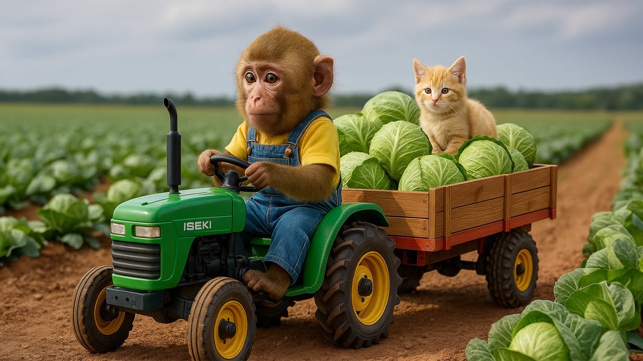 Monkey Ride Tractor Baby Monkey Drives Tractor in the Rain, Rescues Lost Kitten & Brings It ...