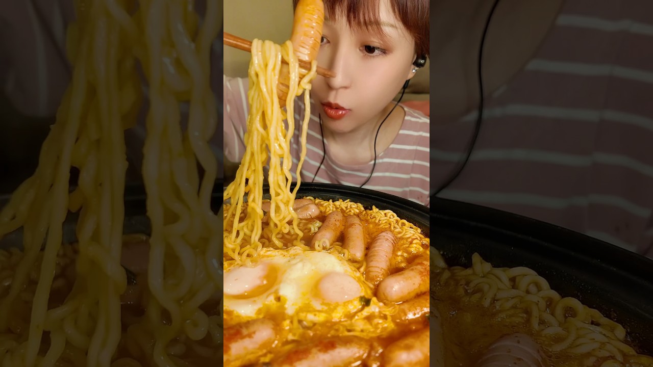 【深夜飯テロ/爆食い】深夜の辛ラーメン、ソーセージ入れたらやばかった。🌭🔥半熟卵まで入れたら完全に優勝…【咀嚼音/ASMR】