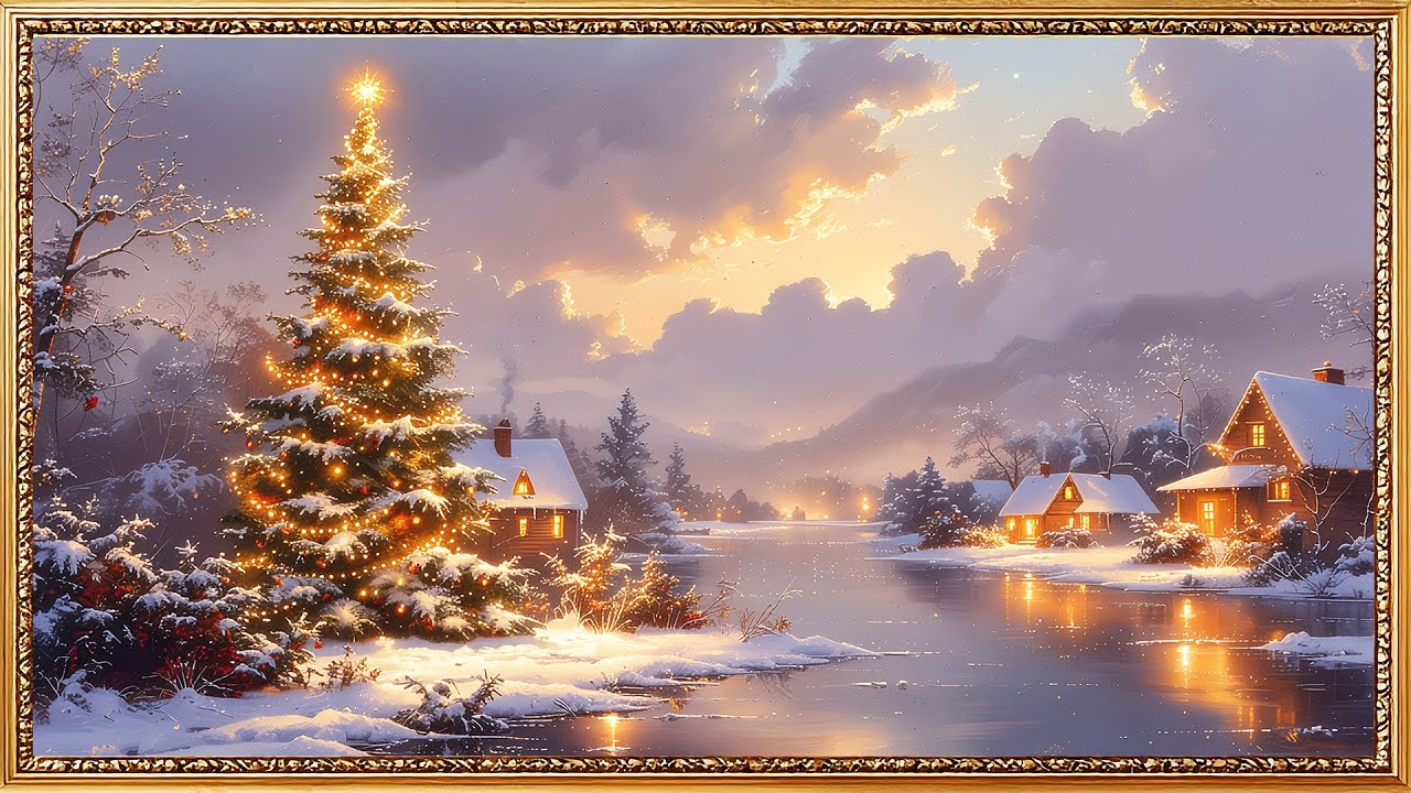 4K Framed TV Art: Golden Christmas Lake Village at Sunset | Cozy Winter Ambience