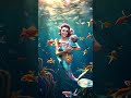 Mermaid with pink fish tail gently holds baby