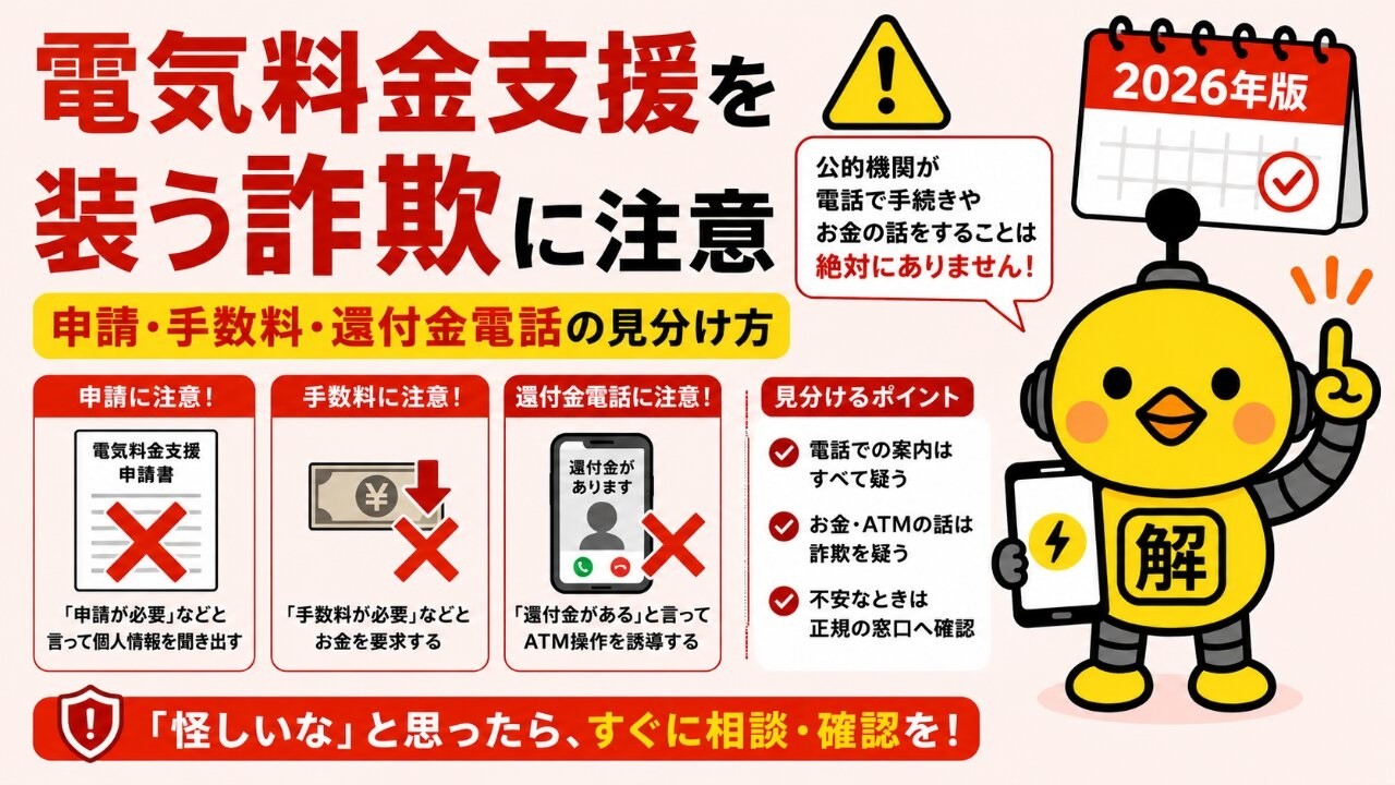てけてけ ATM支払事前連絡ください様の専用 電気料金支援を装う詐欺に注意｜申請・手数料・還付金電話の見分け方