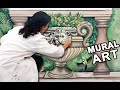 Big mural painting Large Lion vase with vegetation