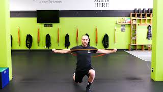Group Training Boise I Split Squat with Band Pull Apart Demonstration Kvell Fitness and Nutrition Profile