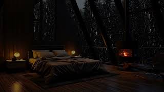 Rainy Attic Retreat - Fireplace View 🔥 Cozy Bedroom & Heavy Rainfall outside for Sleep