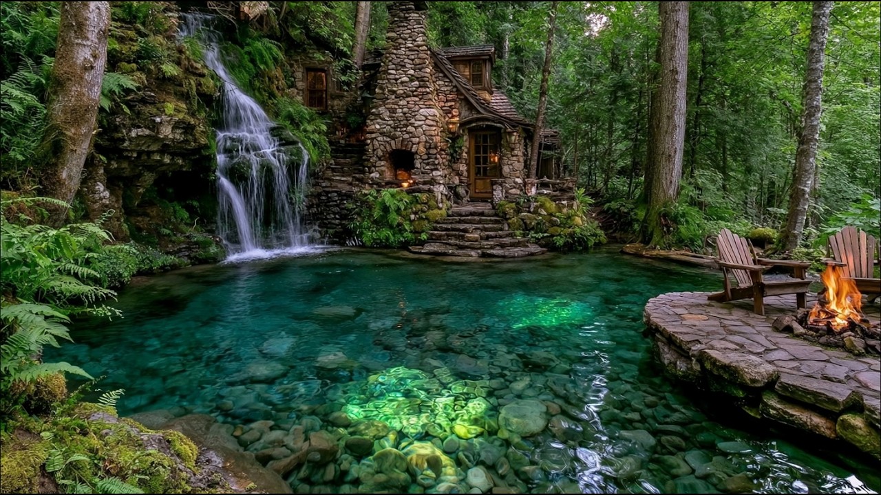 Escape to a Peaceful Riverside Cabin 🌲🔥 Piano Music and Nature Sounds for Sleep