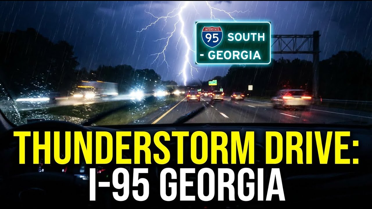 Driving through a thunderstorm at night on Interstate 95 in Georgia