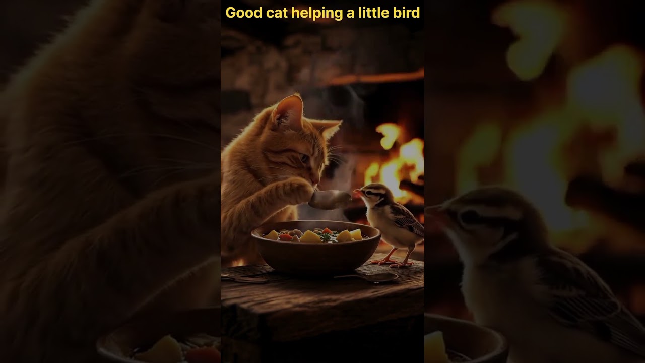 Kind Cat helping a little birds 