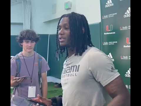 Te’Cory Couch, Miami Defensive Back, talks to media day 3  of spring practice