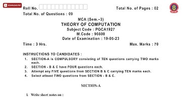 MCA 3RD SEM THEORY OF COMPUTATION MAY 2023 | PTU