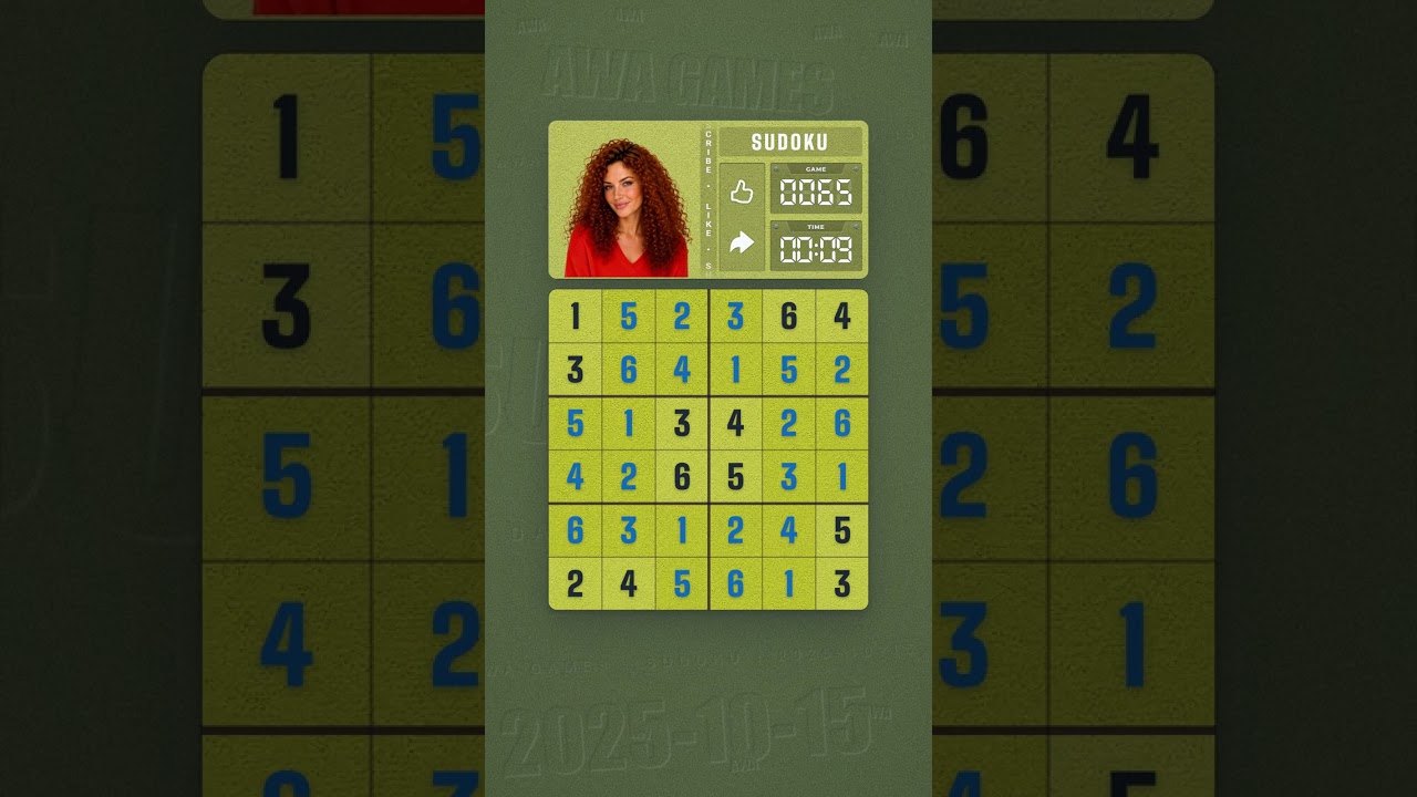 LinkedIn Mini Sudoku #65 solved board for October 15, 2025, 6x6 grid