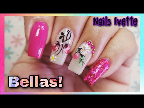 Uñas decoradas a mano alzada / Uñas de las manos decoradas /Uñas en tono rosa con tulipanes y flores @NailsIvette