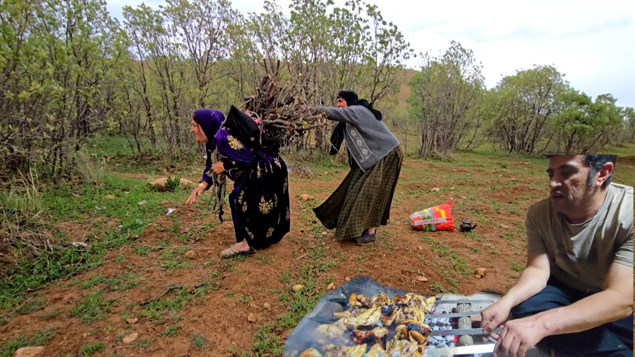 Rainy Day in Iranian Mountains: Marziyeh Collects Wood & We Cook Traditional Bread and Kebab
