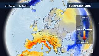 Monthly temperature forecast for Europe 31/8/2026