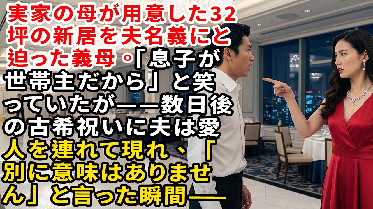 実家の母が用意した32坪の新居を夫名義にと迫った義母。「息子が世帯主だから」と笑っていたが——数日後の古希祝いに夫は愛人を連れて現れ、「別に意味はありません」と言った瞬間——【婆媳故事】【靜默復仇】