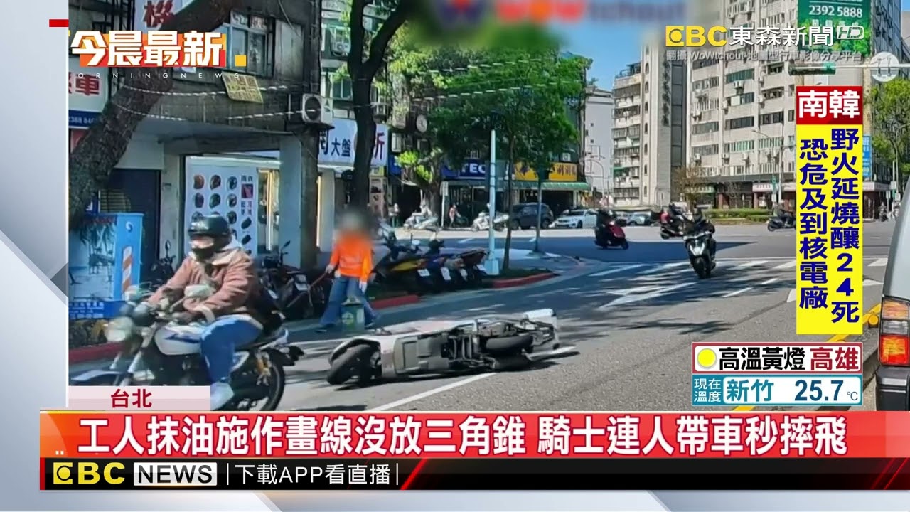 工人抹油施作畫線沒放三角錐 騎士連人帶車秒摔飛@newsebc
