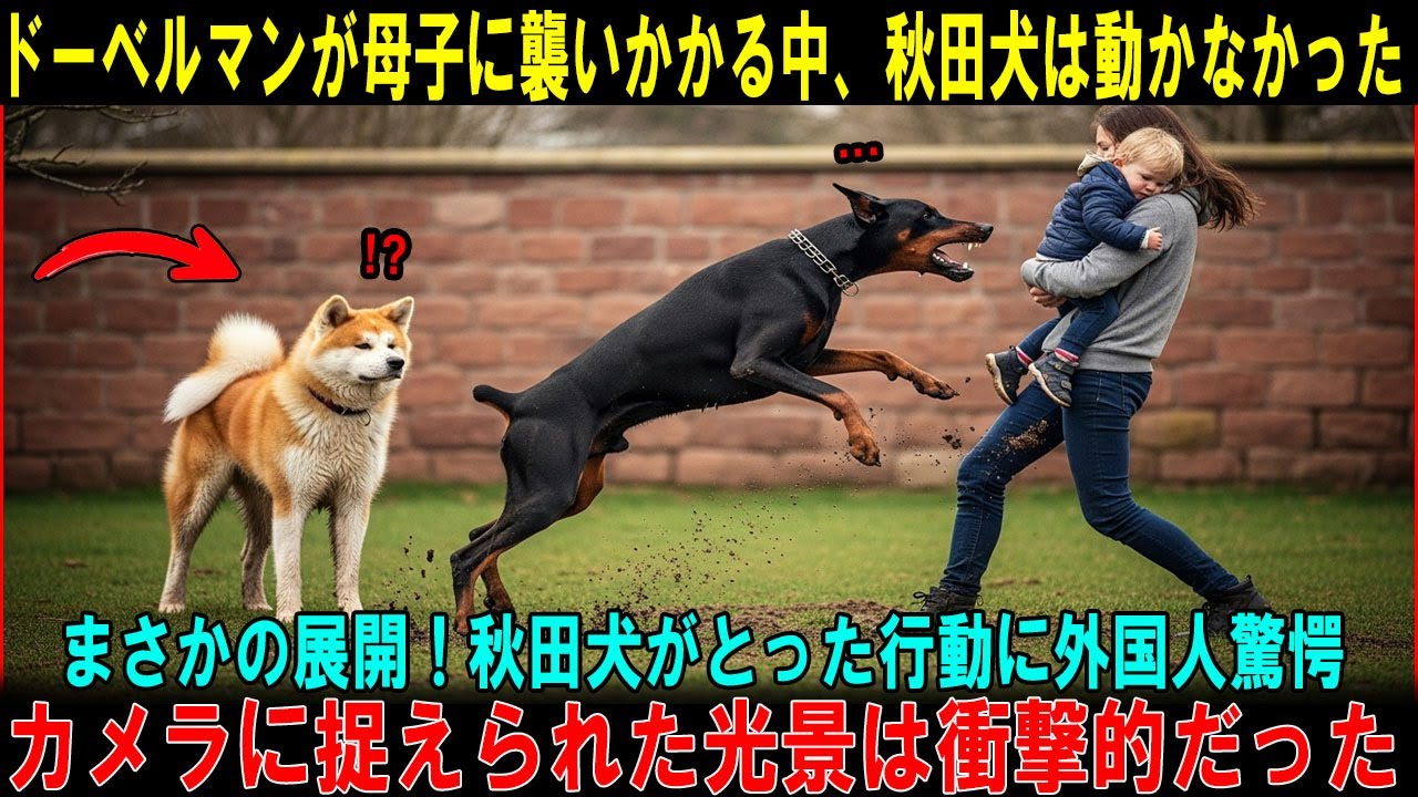 【海外の反応】この秋田犬は一体何をしたのか！？ドーベルマンが母子に襲いかかるその瞬間、誰もが凍りついた。しかし次の瞬間、秋田犬が見せた衝撃の行動に、外国人たちは息を呑み、言葉を失った――。