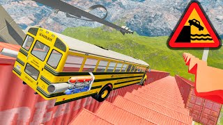 BeamNG Drive - School Bus vs Stairs. Would You Survive These School Bus Crashes. Stairs Jumps Down