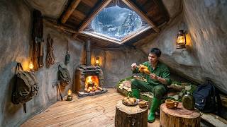 Building a Cozy Secret Hideout in a Rock Cave During Heavy Rain | Start To Finish