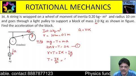 A string is wrapped on a wheel of moment of inertia 0.20 kg− m2  and radius 10 cm and goes through