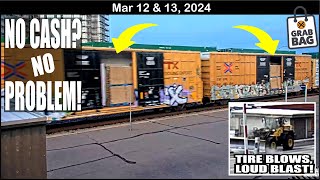 DOORS OPEN ON FREIGHT BOXCARS! LARGE TIRE BLOWS, SHAKES CAMERA, 4 DARWINS, CAT ON A RAIL & MORE