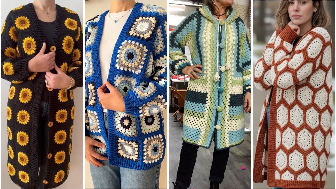 Gorgeous granny crochet square pattern long cardigan sweater se 