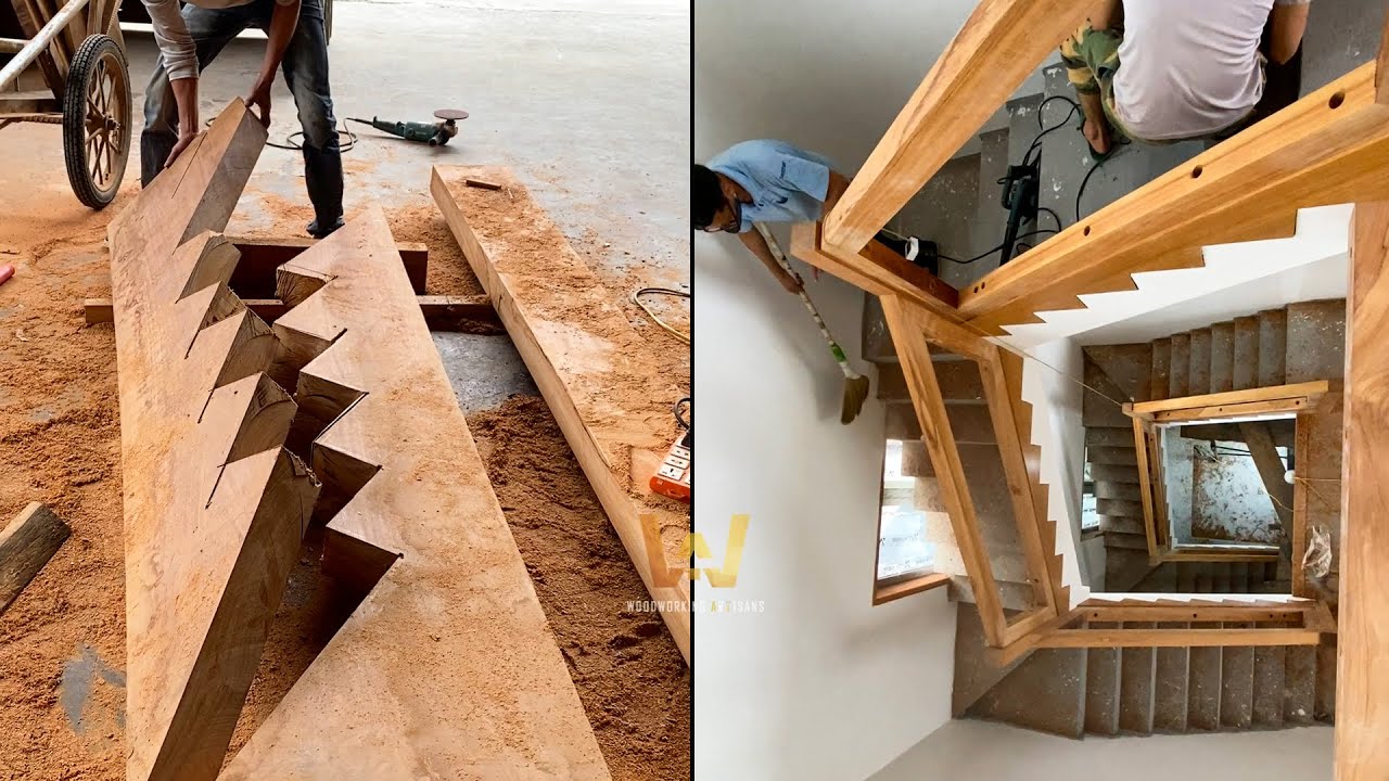 Building A Massive Solid Wood Staircase | Precision Woodworking Process - Amazing Woodworking Skills