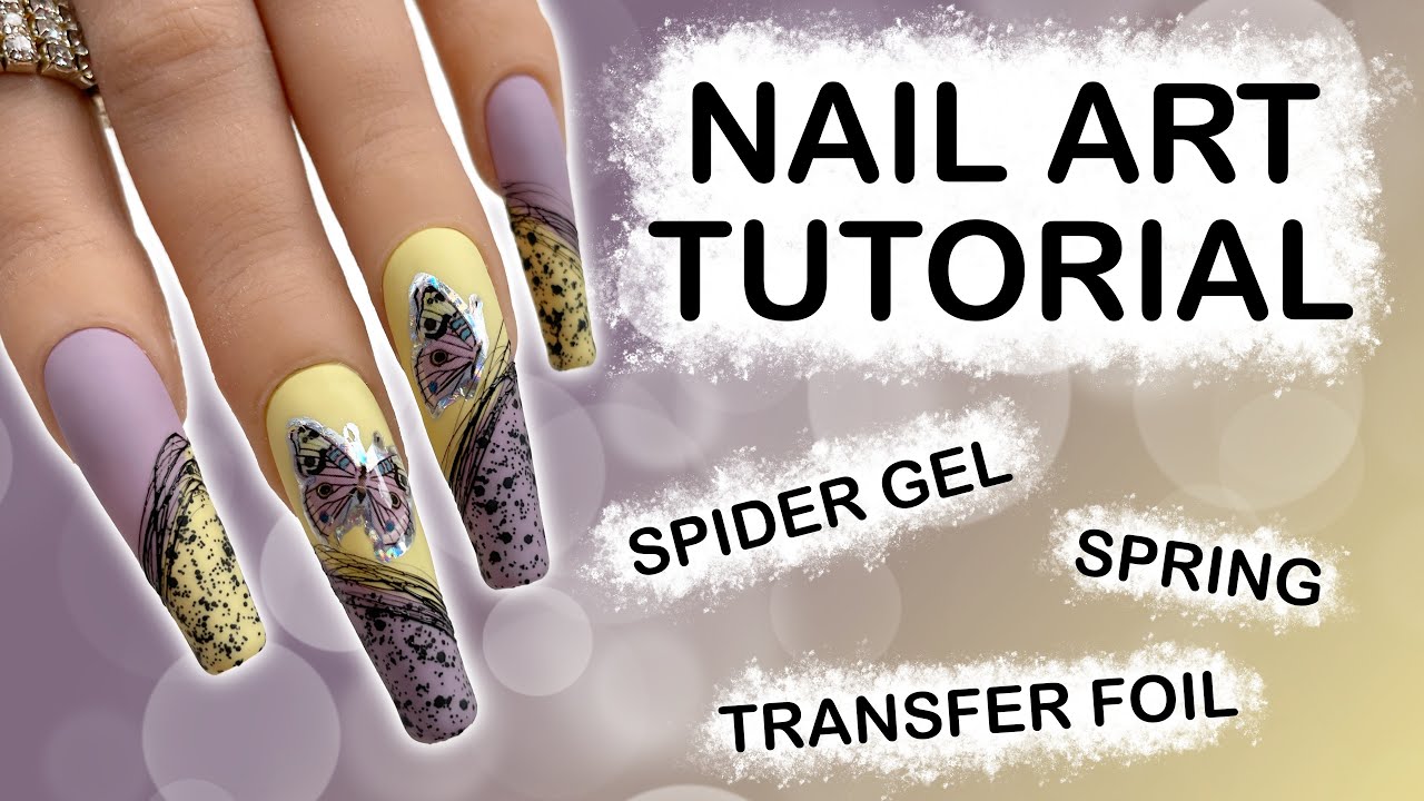 Spring nails with pastel colors | Butterfly transfer foil & spider gel