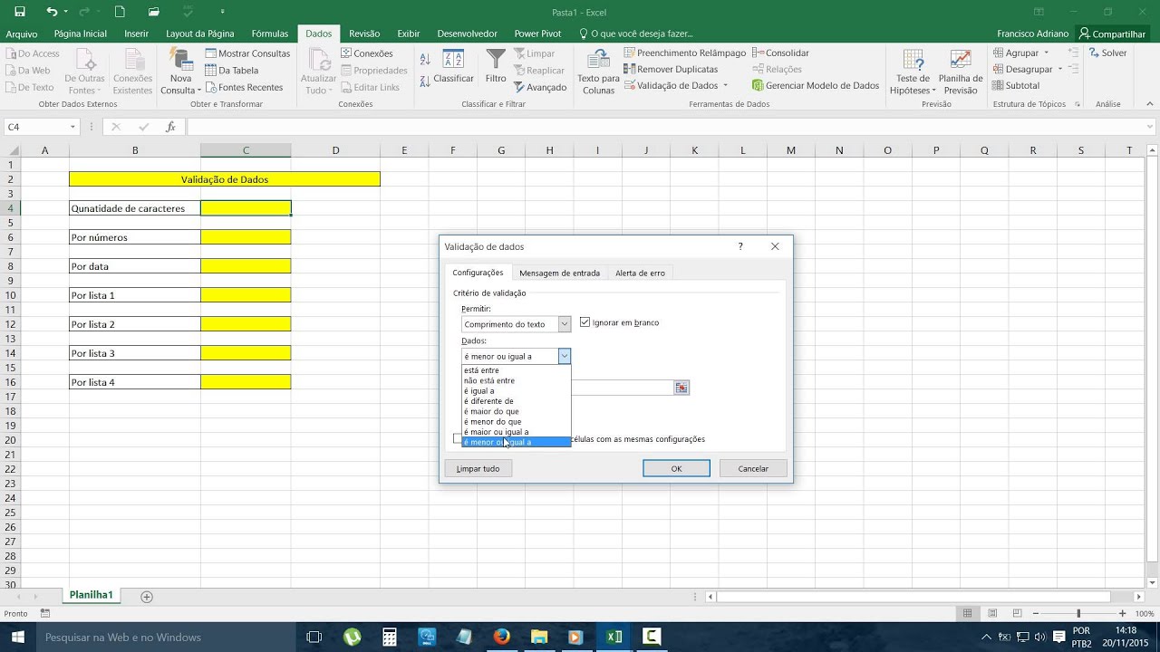 1 0 Excel VALIDAÇÃO DE DADOS CONFIGURAÇÕES - YouTube