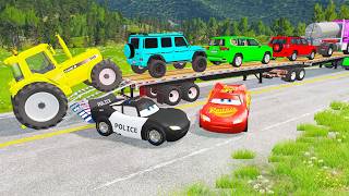 Flatbed Trailer McQueen Transportation with Truck - Speedbumps vs Cars vs Train - BeamNG.Drive #10 screenshot 5