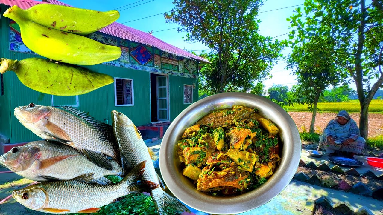 	পুকুর থেকে ফ্রেশ রুই & তেলাপিয়া ধরে কাঁচা কলা দিয়ে দারুন রান্না! Village Style Cooking |
