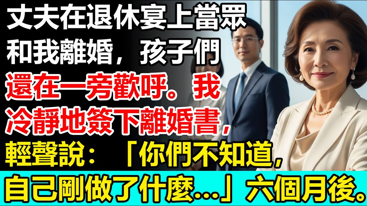丈夫在退休宴上當眾和我離婚，孩子們還在一旁歡呼。我冷靜地簽下離婚書，輕聲說：「你們不知道，自己剛做了什麼…」六個月後。【婆媳真相】【真實報應】