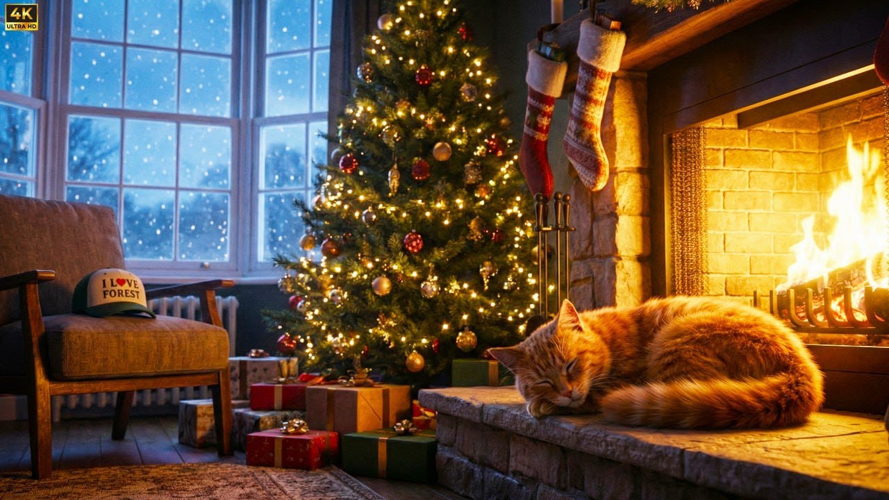 🔴 LIVE: Cozy Christmas Cat Sleeping by Fireplace 24/7 🐱🔥 Relaxing Holiday Ambience