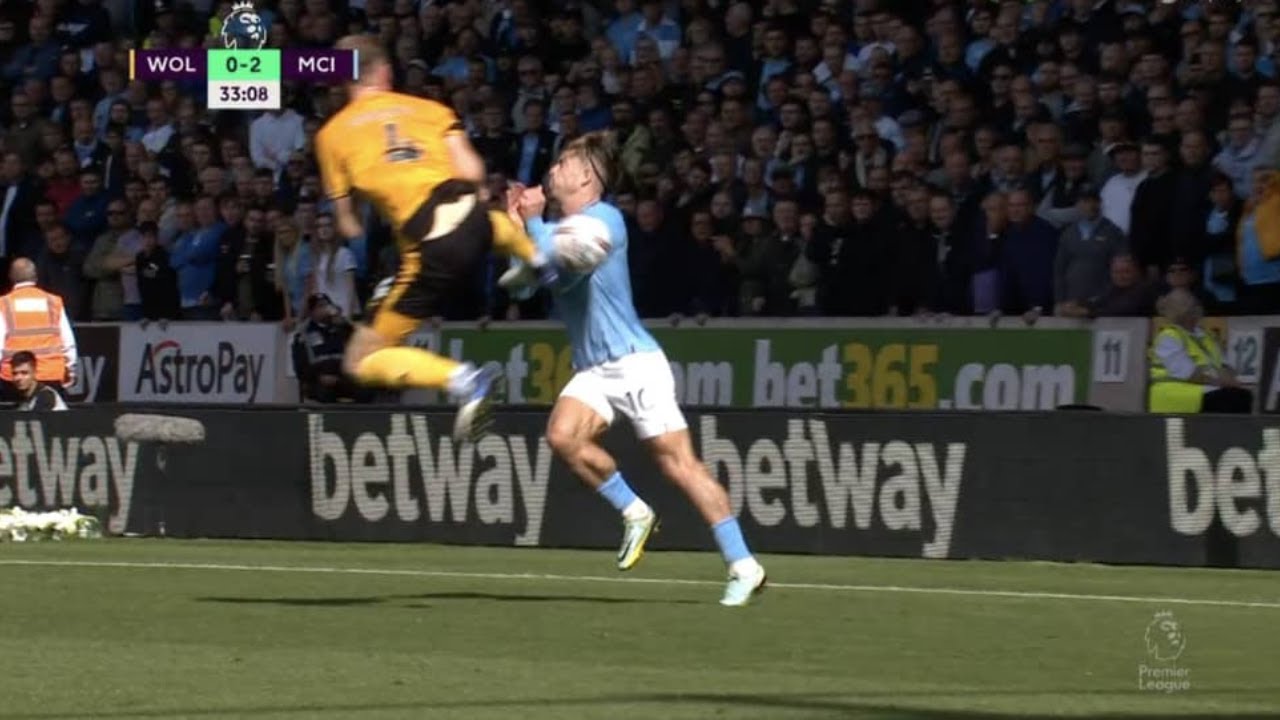 NATHAN COLLINS RED CARD VS MANCHESTER CITY AFTER KICK ON JACK GREALISH, WOLVES VS MAN CITY