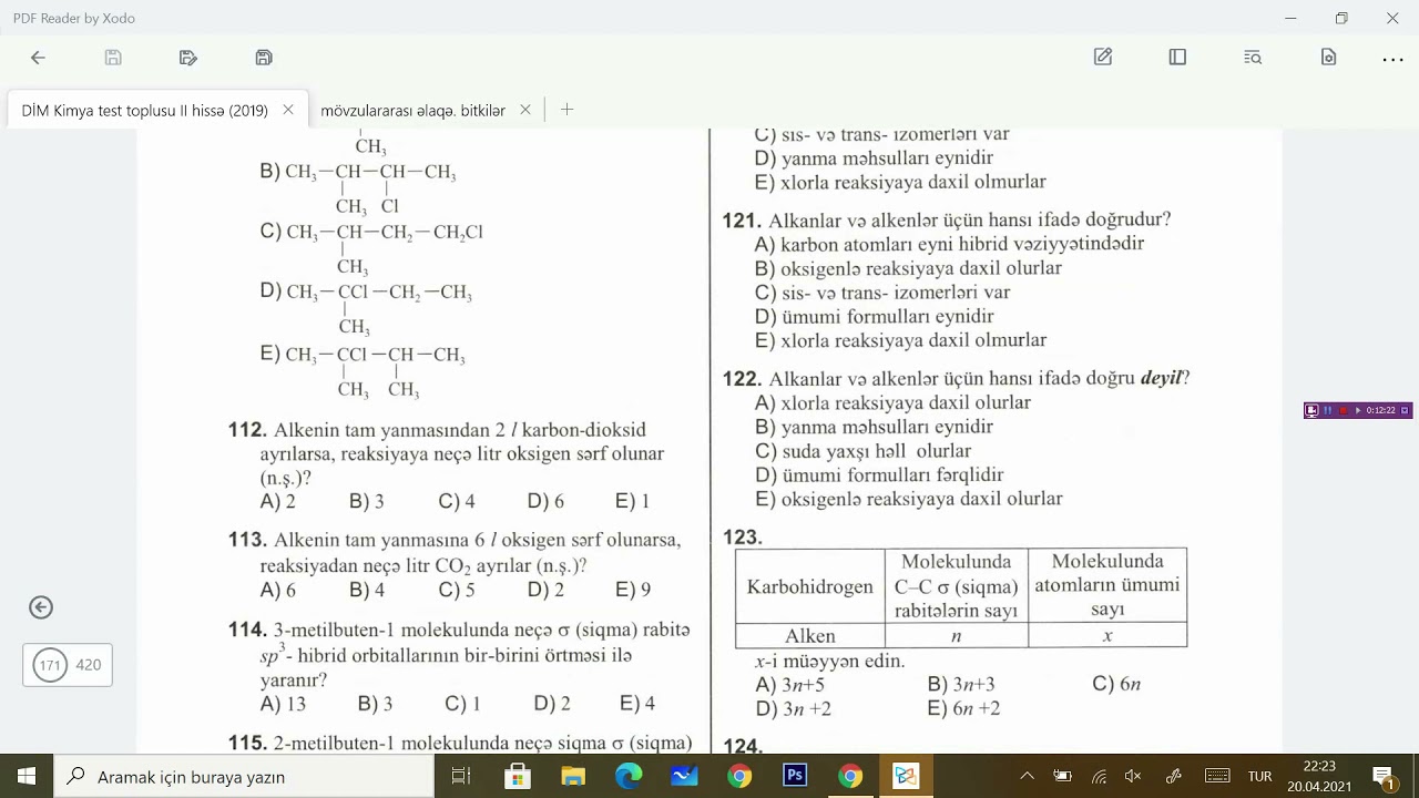 Kimya  DİM test toplusu 2019 Alkenlər 101 - 140