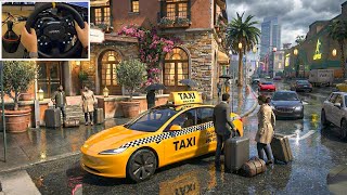 GTA V - Realistic Taxi driving Job in Tesla Model 3 | Steering Wheel Gameplay