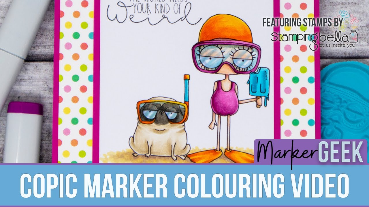 Copic Marker Colouring Stamping Bella Mini Oddball Swimmer & Pug rubber stamp