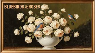 2 Hours | Bluebirds & Ivory Roses | Dutch Still Life Oil Painting with Soft  Music screenshot 3
