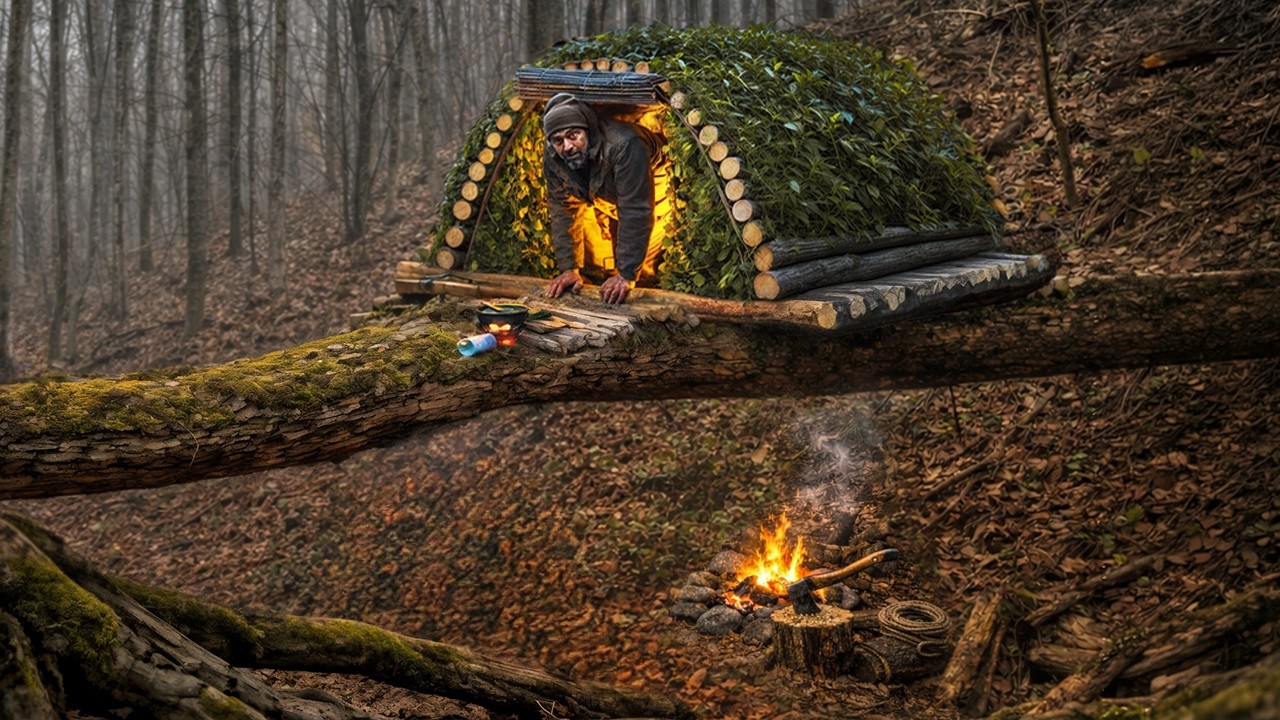 Extreme Bushcraft: Survival Shelter on a Giant Log (Full Build)