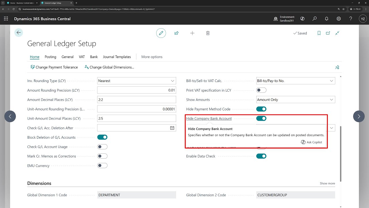 Business Central short: Set whether the Company Bank Account can be updated on posted Sales Invoices