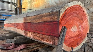 Sawn Red Incense Wood In The Factory  Raw Wood Products, Excellent Sawmill Extreme Techniques